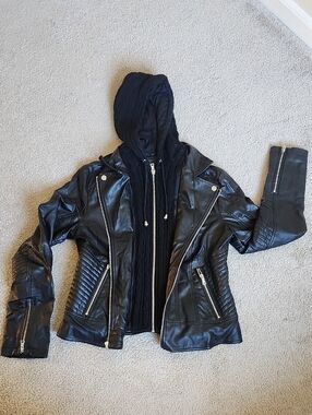 Guess Black Faux Leather Hooded Jacket with Quilted Panels